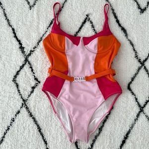 NWT Anthropologie Solid and Striped Colorblock Bathing Suit Medium Pink/Rose